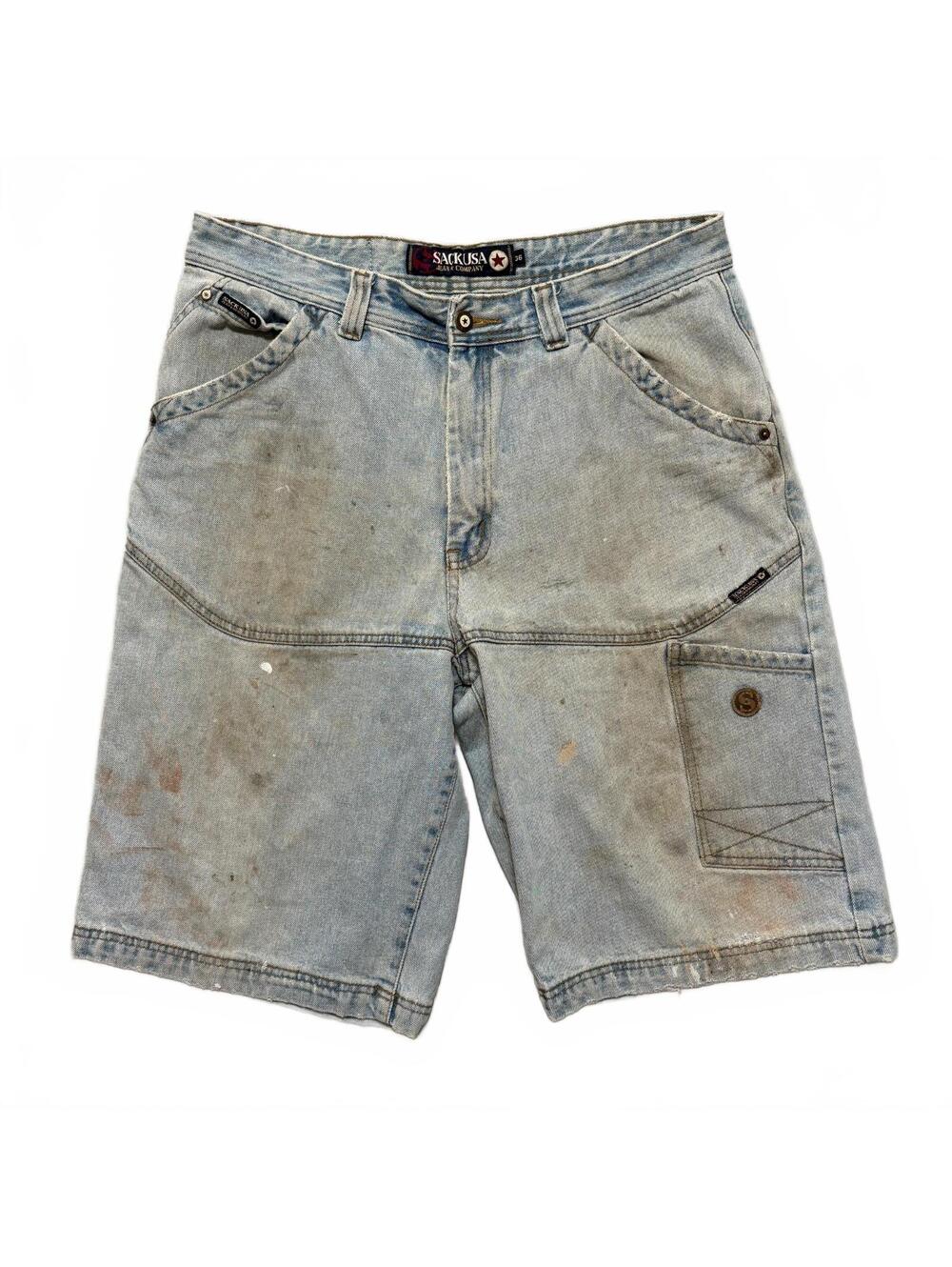 VTG Y2K SACKUSA Paint Splattered Baggy Wide Denim Carpenter Shorts Men's 36 Blue